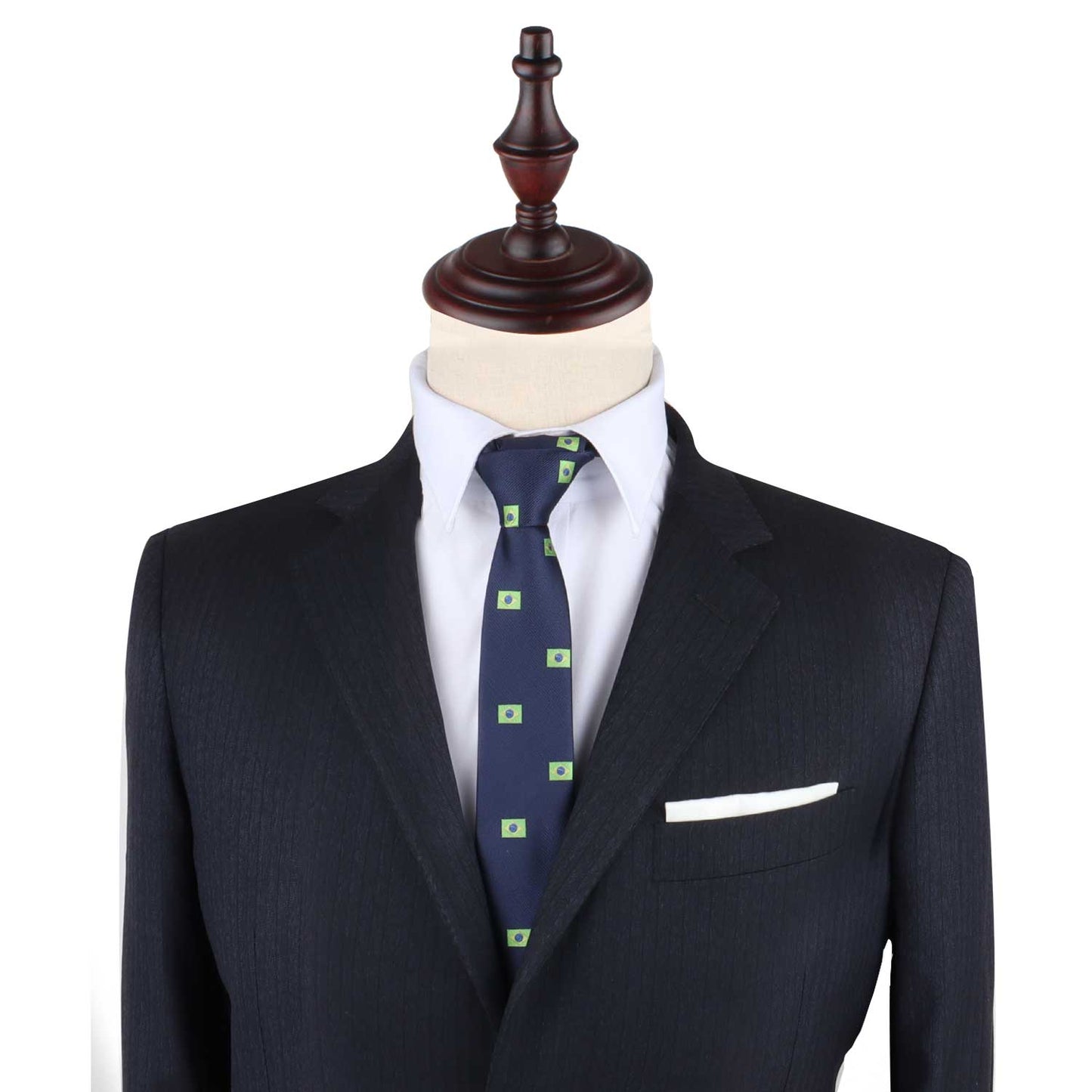 A black suit with a Brazillian Flag Necktie and pocket square.