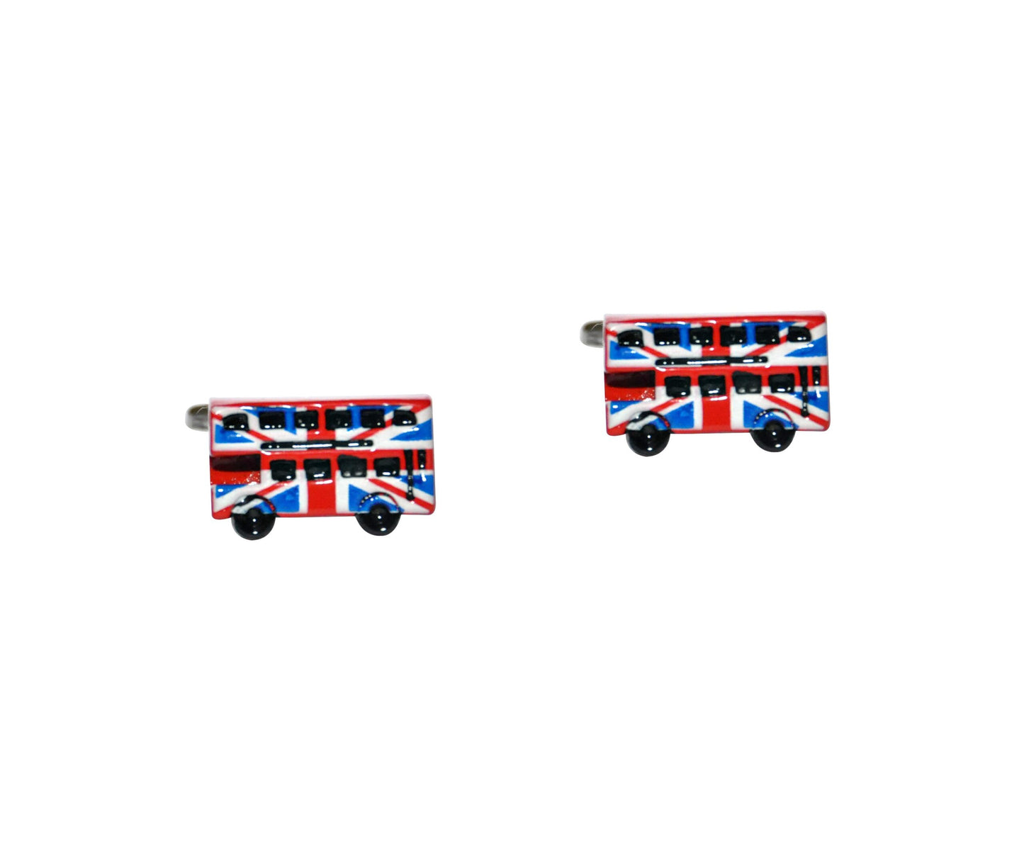 The London Bus Cufflinks capture British elegance with Union Jack-designed double-decker buses on a white background, embodying a sophisticated blend of tradition and style.