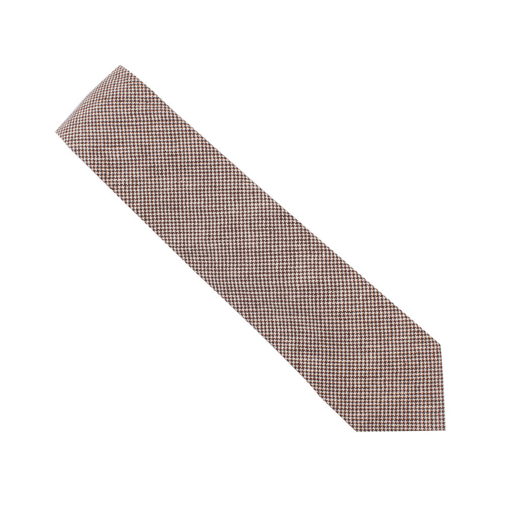 The Brown Houndstooth Cotton Business Tie & Pocket Square Set, exuding classic elegance, lies against a crisp white background.