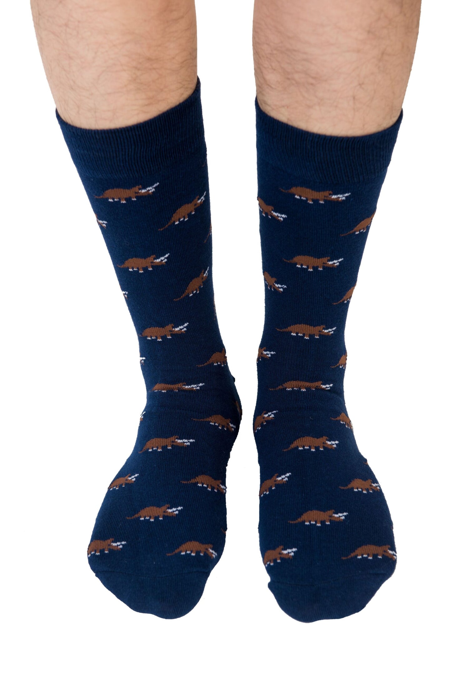 Person showcasing the Triceratops Socks with flair, featuring blue hues and brown prehistoric dinosaur designs.