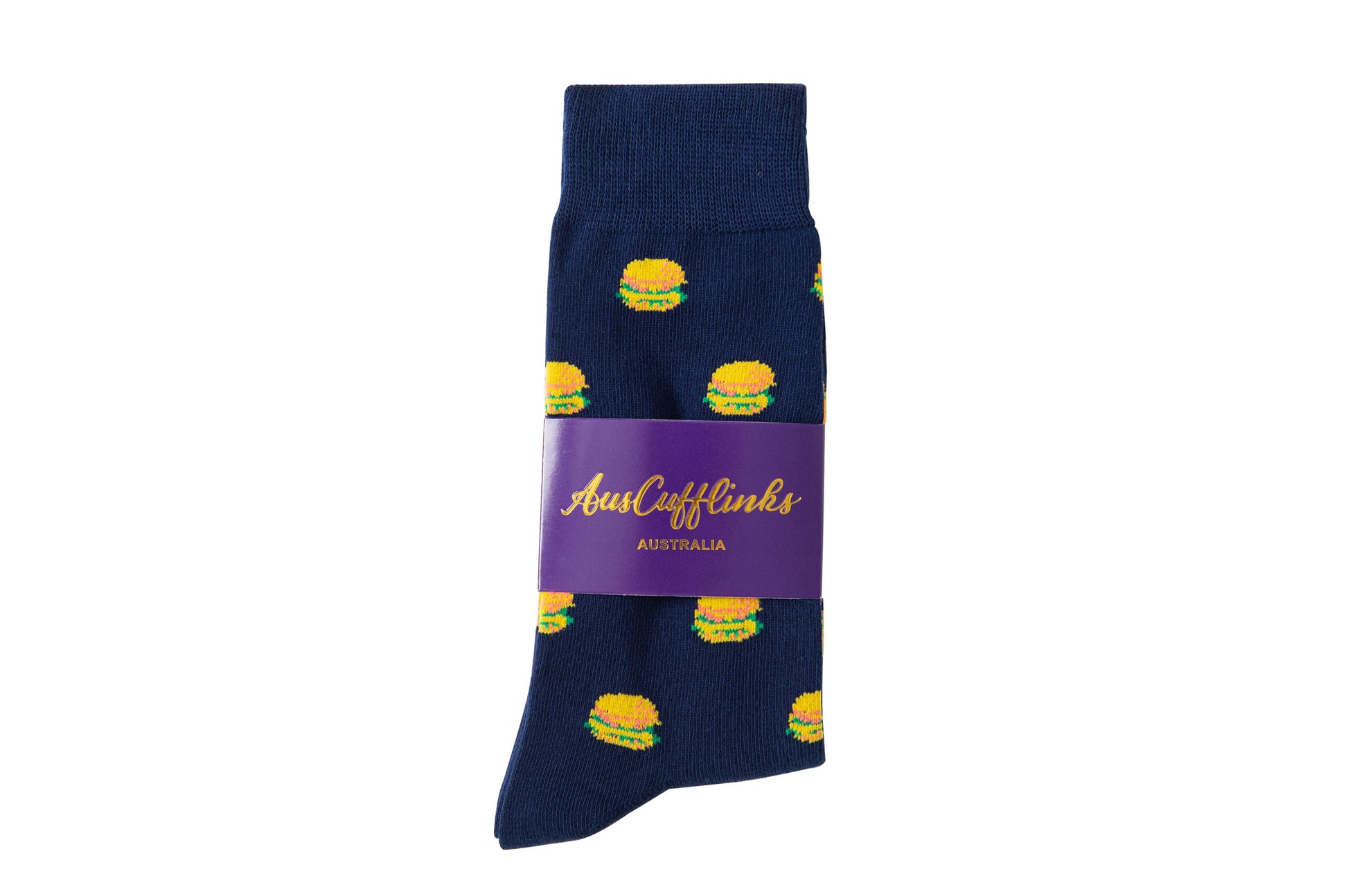 A blue Burger Sock with a purple label.