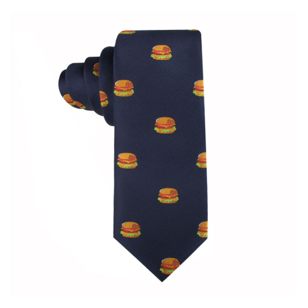 The Burger Thin Tie, featuring a repeating hamburger pattern in navy blue, makes a whimsical statement that highlights your unique style while embracing a universally adored theme.