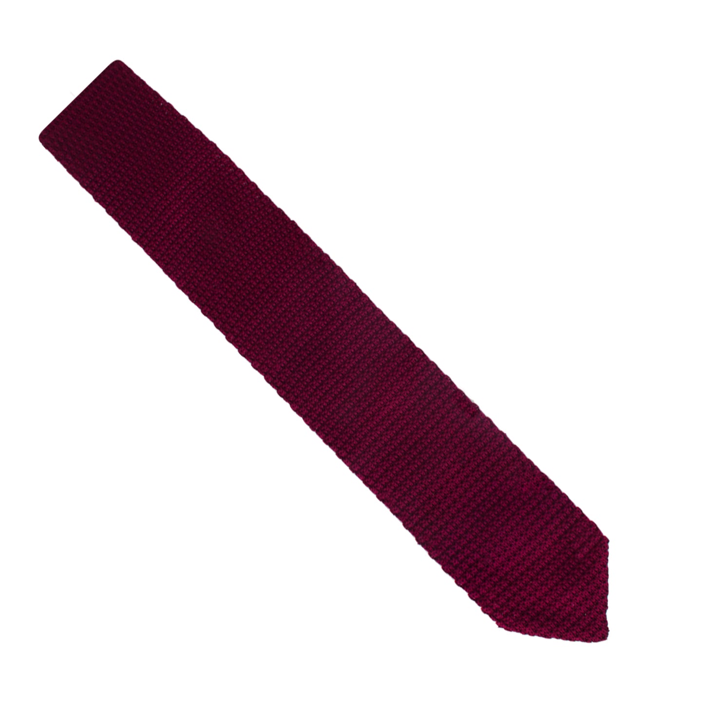 A Maroon Knitted Skinny Tie with a flat end, exuding cozy elegance in warm hues, displayed on a white background.
