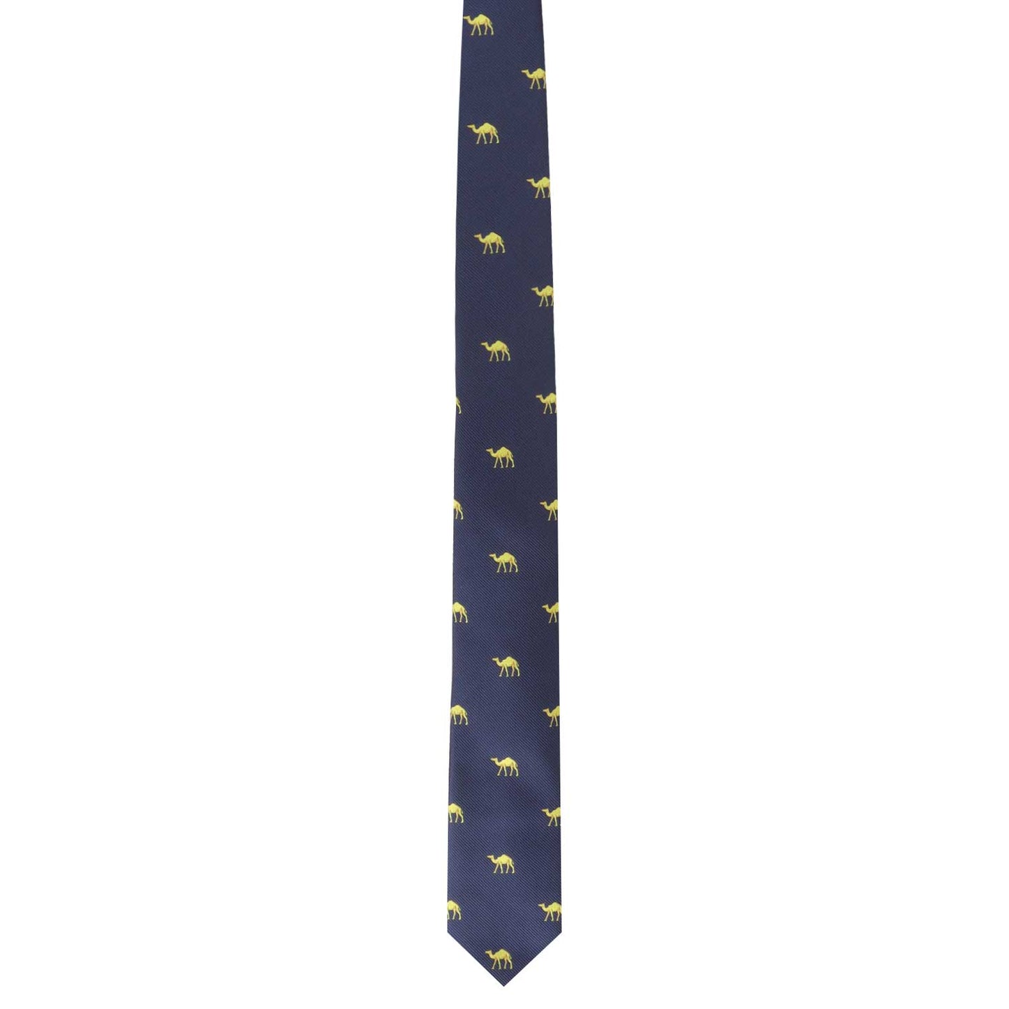 The Camel Skinny Tie, featuring a delightful pattern of small, yellow camels on a navy blue background, brings a touch of desert charm to urban elegance.