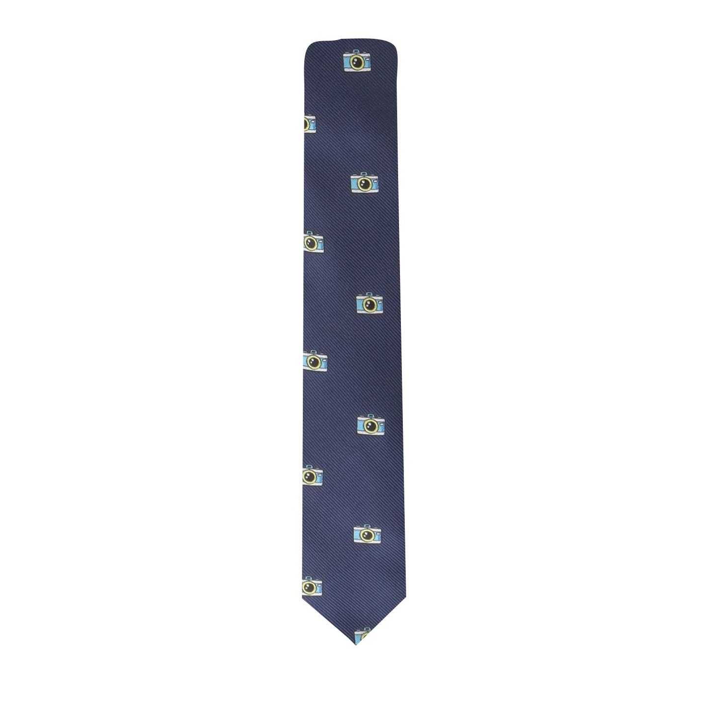 A blue tie with a Camera Lover Tie design on it.