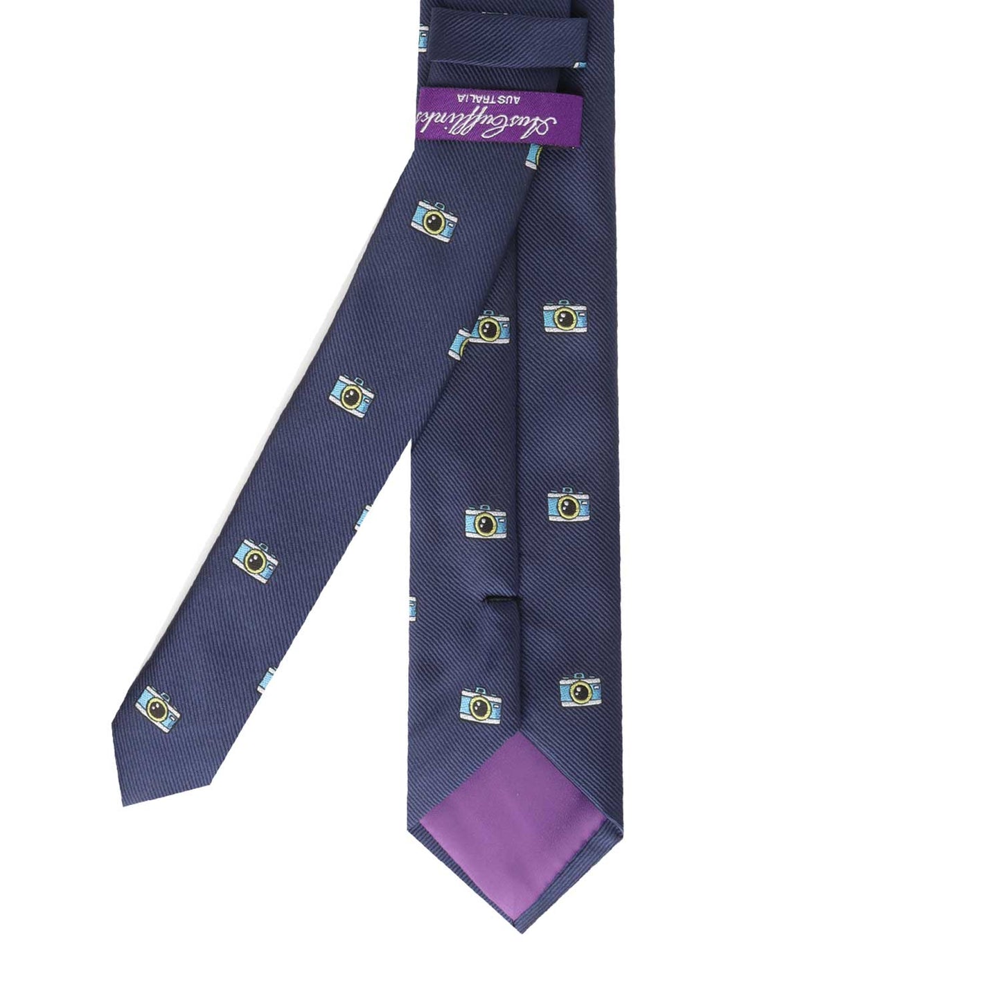 A Camera Motif Tie with a purple and blue design that will capture attention.