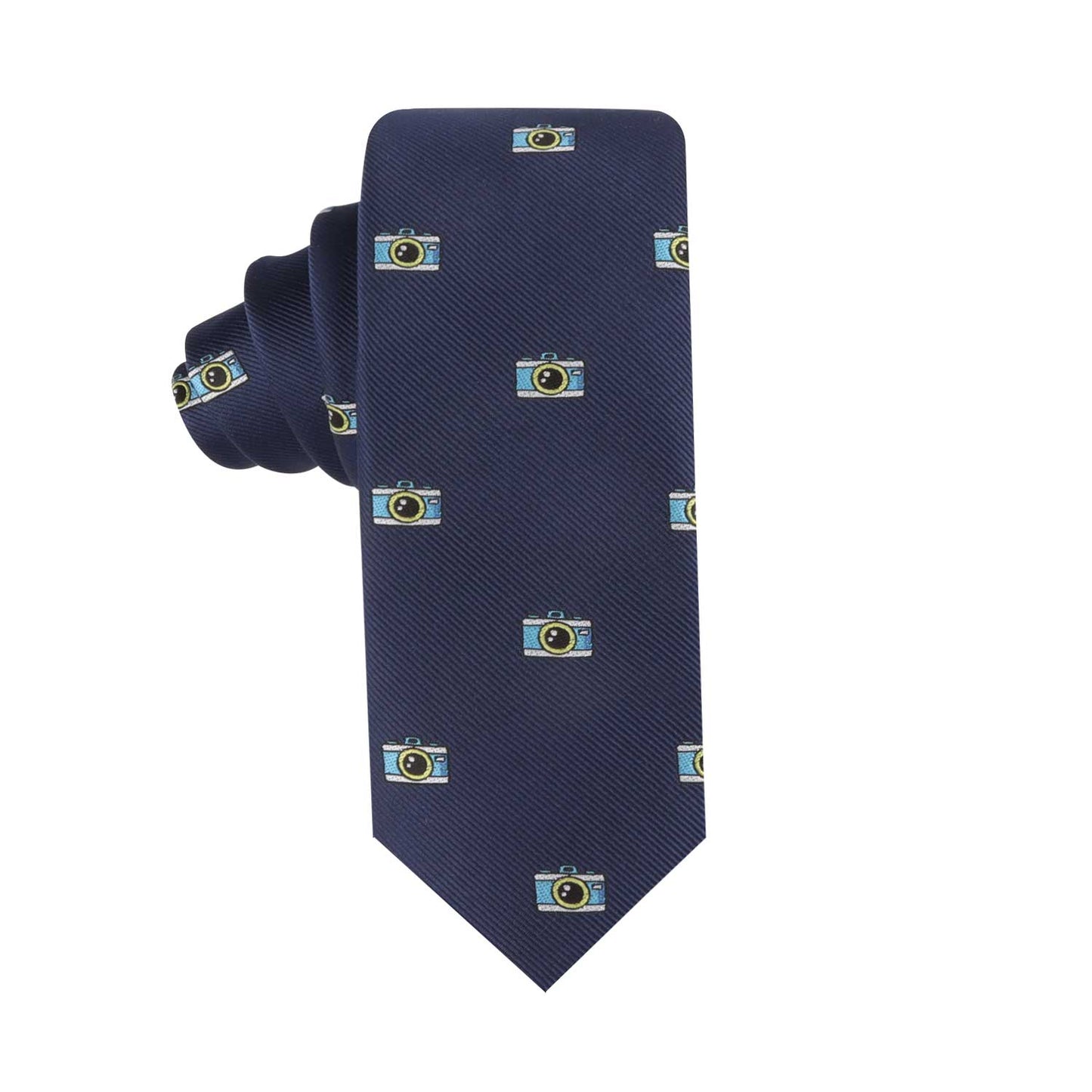 A Camera Print Necktie with a blue and yellow design that captures attention.