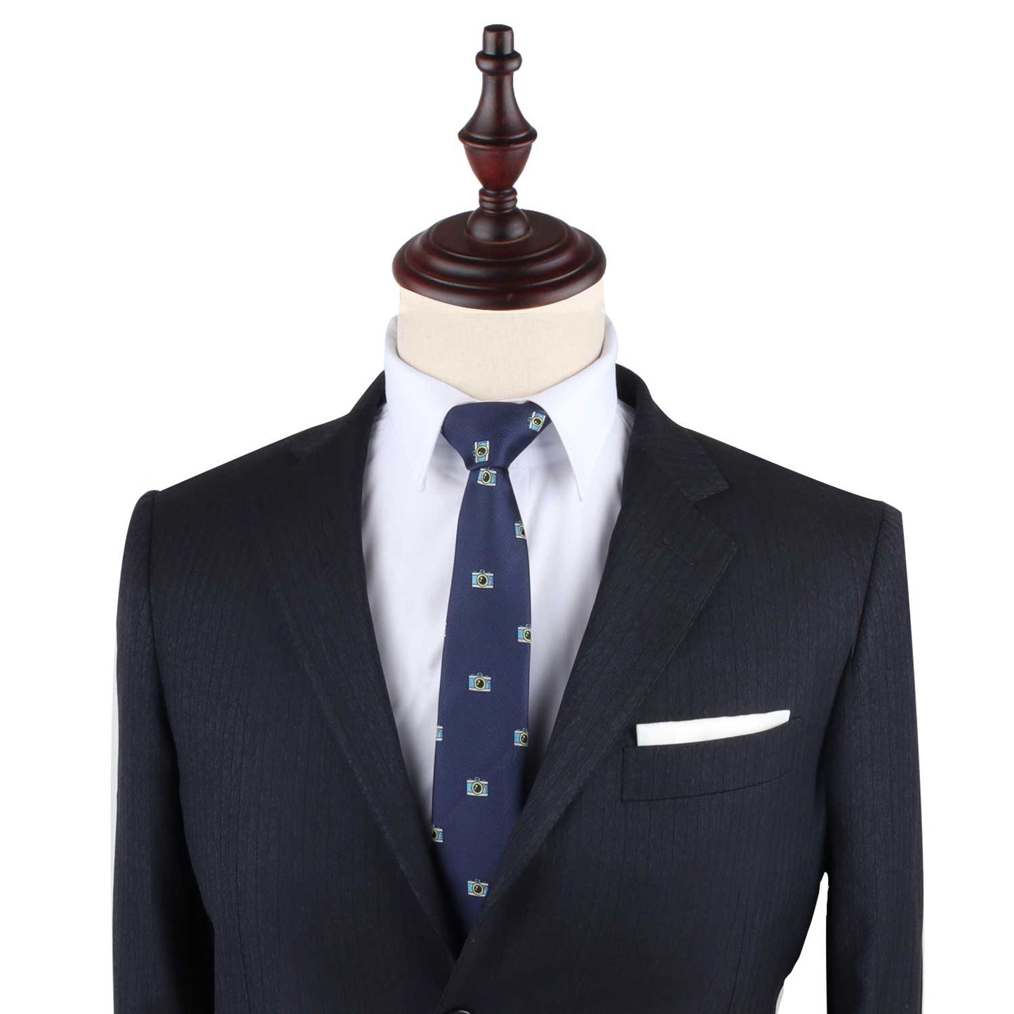 A mannequin displaying Camera Print Tie in a suit and tie.