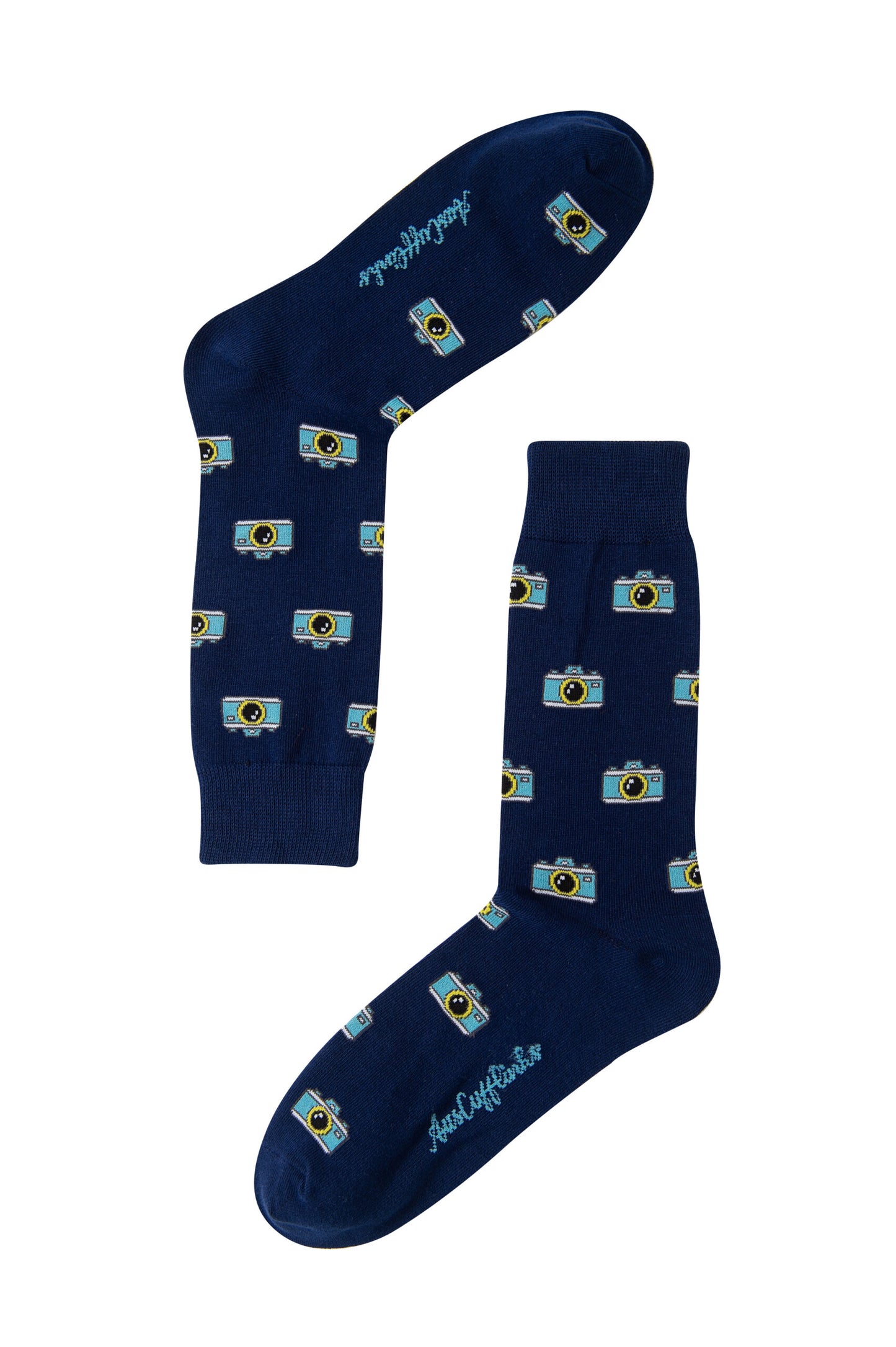 Camera Socks – Gift for Photographers: Navy blue socks featuring a repeating cartoon camera pattern and cursive text near the toes, displayed on a white background—a unique gift idea for photographers.