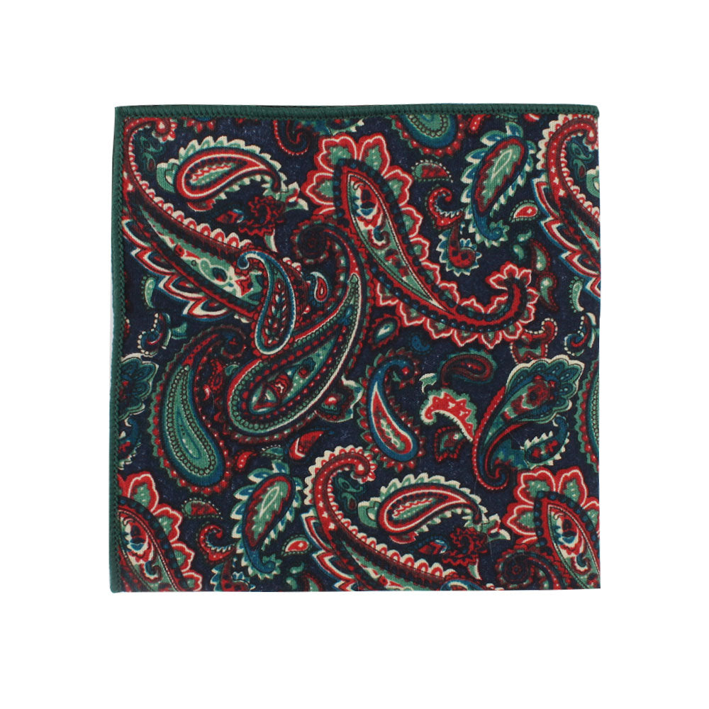 A Carpe diem Paisley Cotton Skinny Tie & Pocket Square Set with a red, green and blue pattern, showcasing paisley perfection.