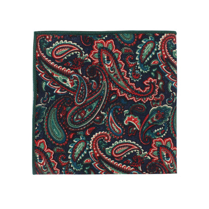 A Carpe diem Paisley Cotton Bow Tie & Pocket Square Set with a vibrant red, green, and blue pattern.