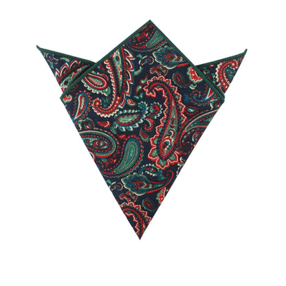 A Carpe Diem Paisley Cotton Pocket Square in green and red.