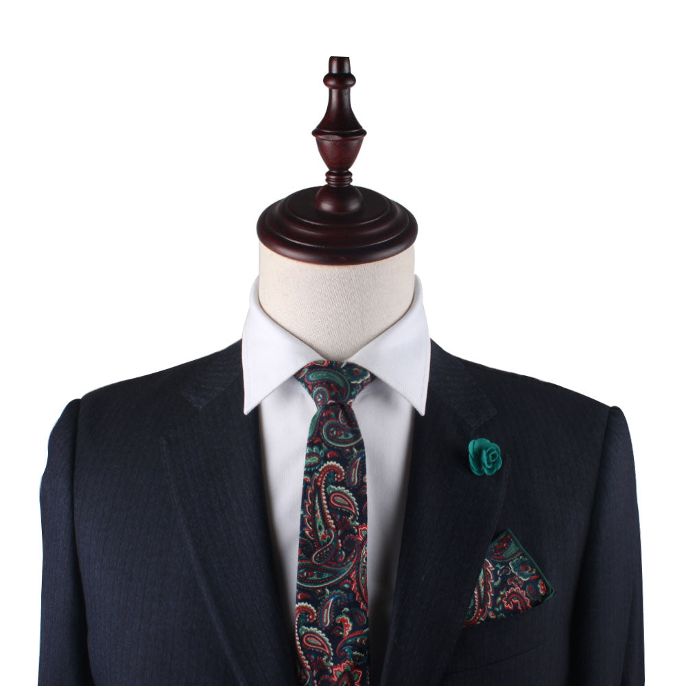A mannequin with a Carpe diem Paisley Skinny Cotton Tie and pocket square.