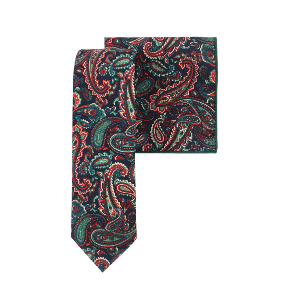 A Carpe diem Paisley Cotton Skinny Tie & Pocket Square Set on a white background.