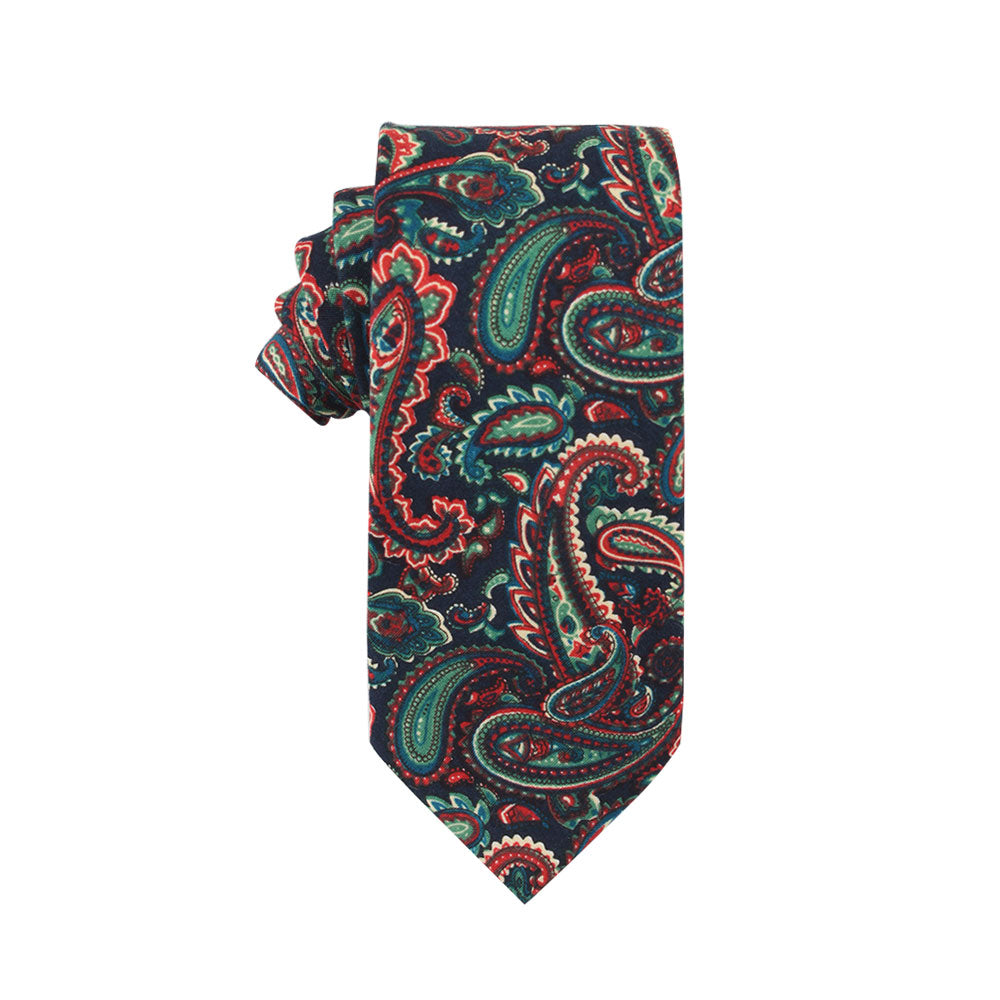 The Carpe diem Paisley Cotton Skinny Tie & Pocket Square Set on a white background, showcasing paisley perfection.