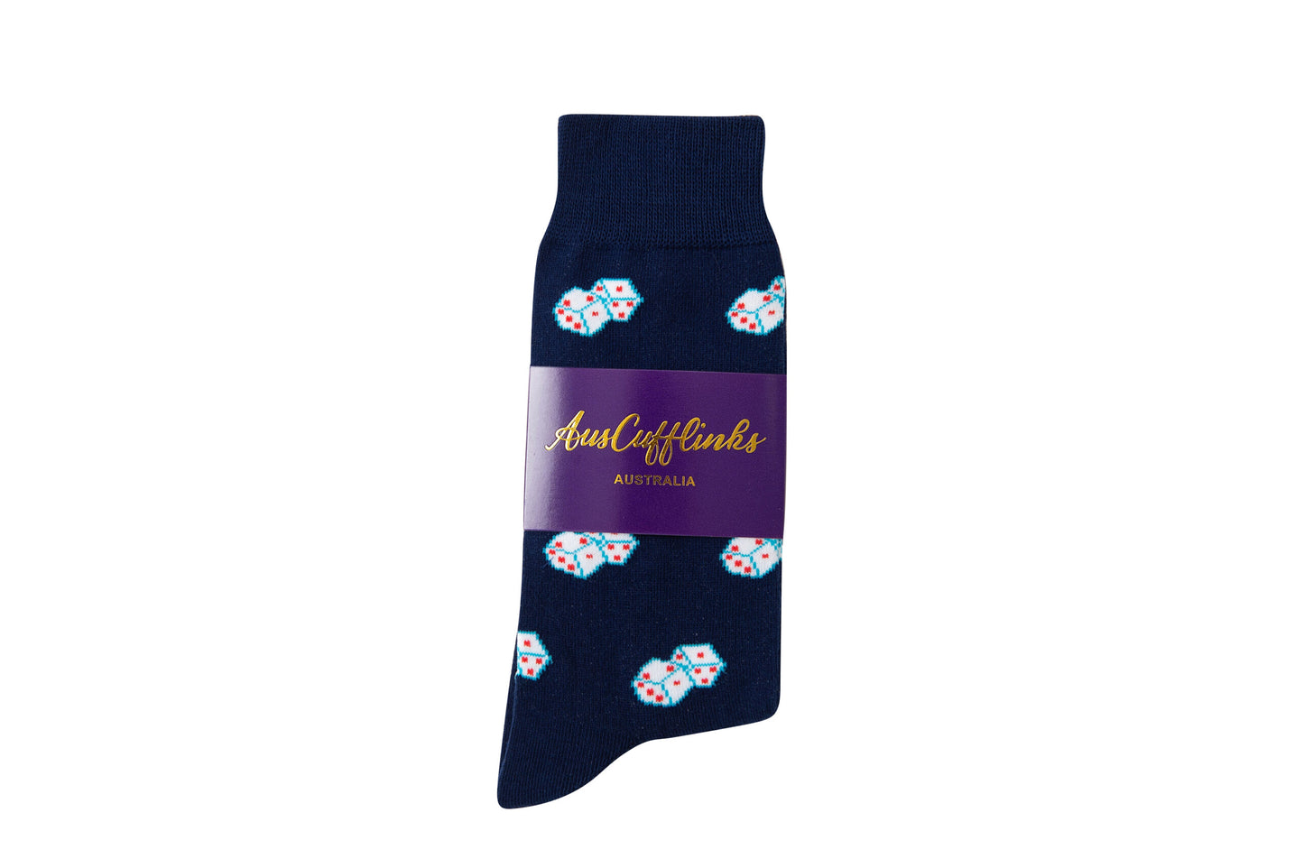 Dice Socks – Lucky Gift for Game Lovers: Navy blue socks featuring a playful dice pattern, ideal for casino fans or board gamers, wrapped with a purple AusCufflinks Australia label.
