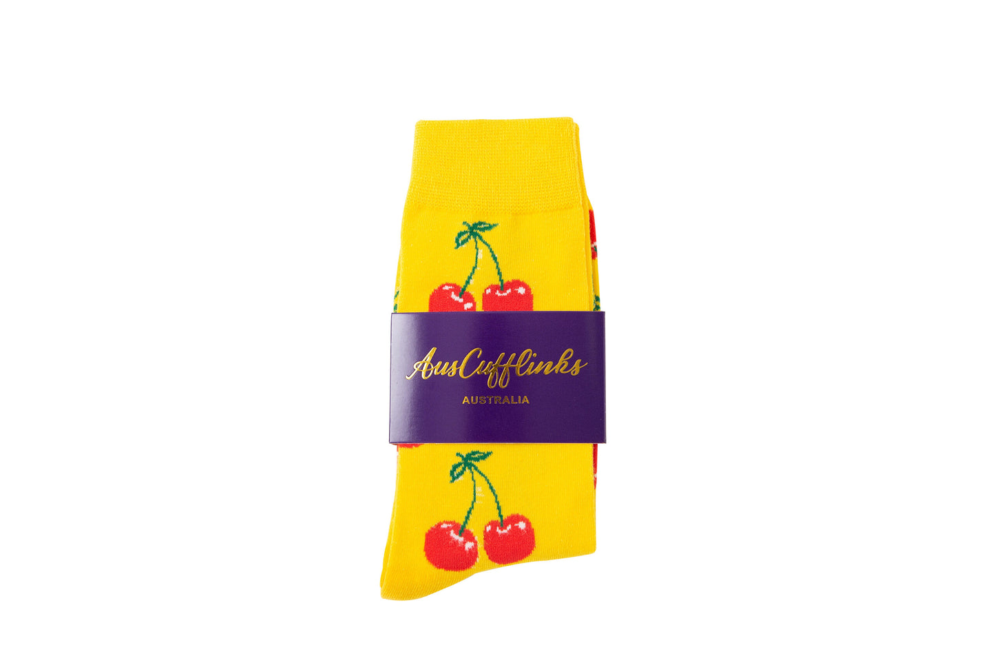 A yellow sock with the Cherry Socks pattern.