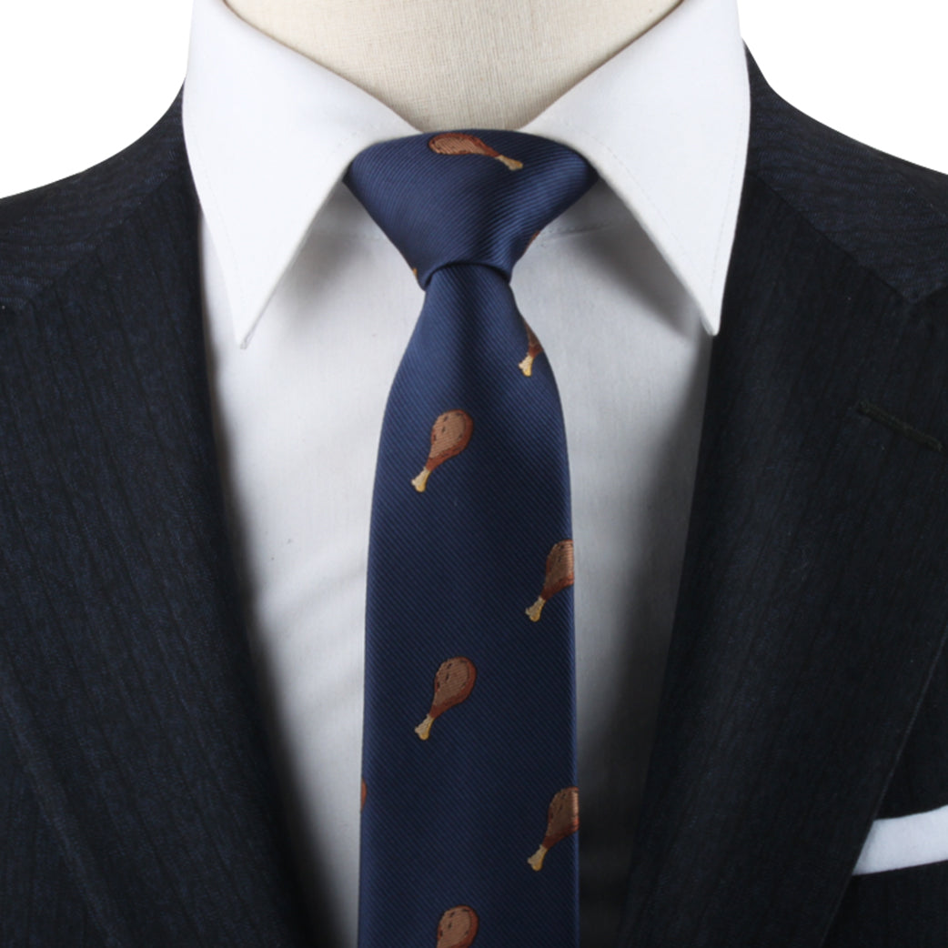 A modern mannequin wearing a Chicken Print Tie with a pig on it.