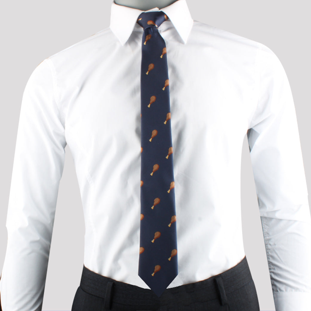 A modern mannequin wearing a Chicken Themed Tie.
