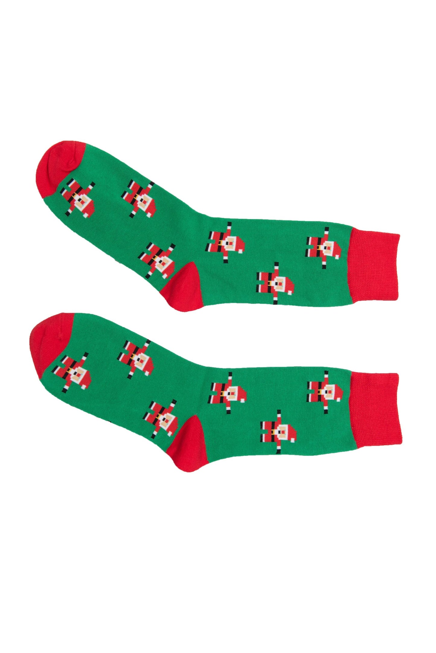 Product Data:
Product Name: Santa Socks
Rewritten Sentence:
Our Santa Socks feature a pair of green socks adorned with red accents and a charming pattern of Santa Claus in a skiing pose, ideal for adding holiday cheer to your festive feet.