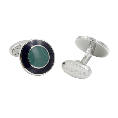 A pair of Circular Teal Cufflinks, with a blue and green enamel, featuring Oceanic charm.