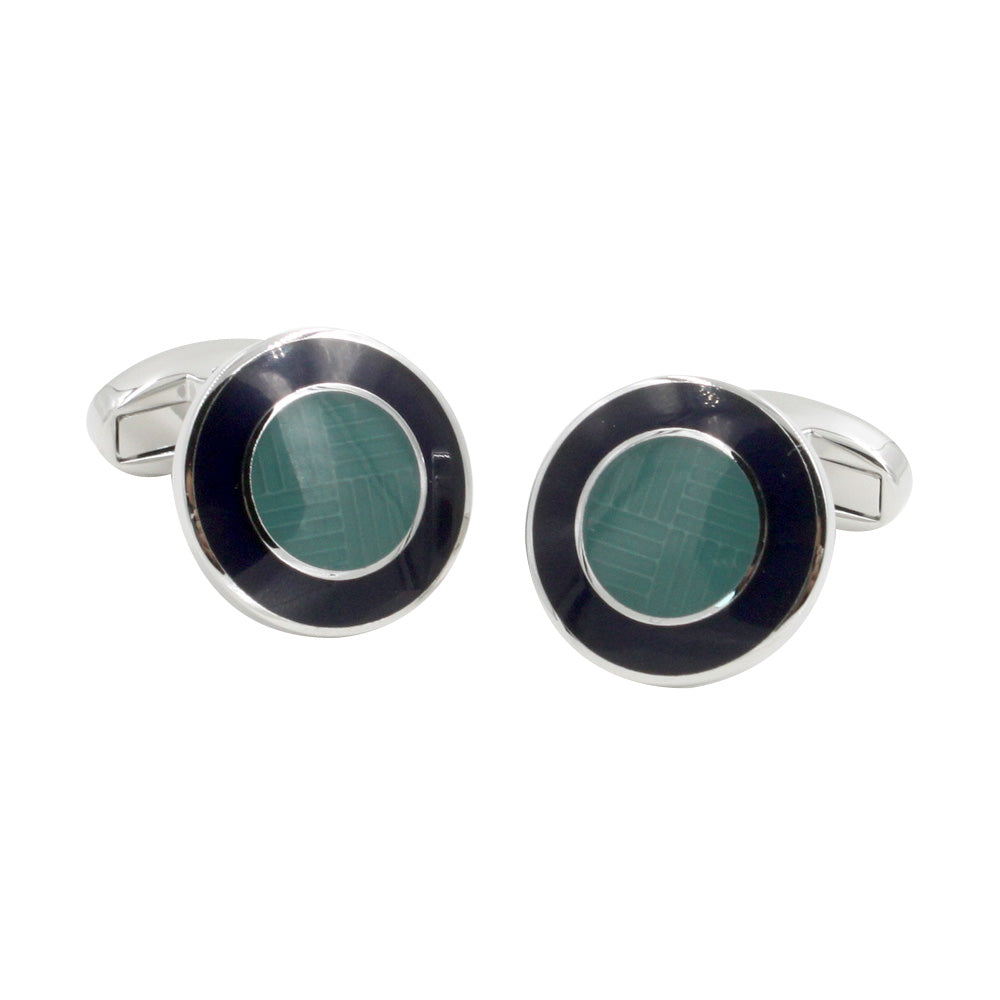 A pair of Circular Teal Cufflinks with an Oceanic charm inlay.