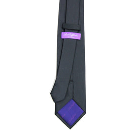 A Classic Black Skinny Tie with sharp purple stripes on it.