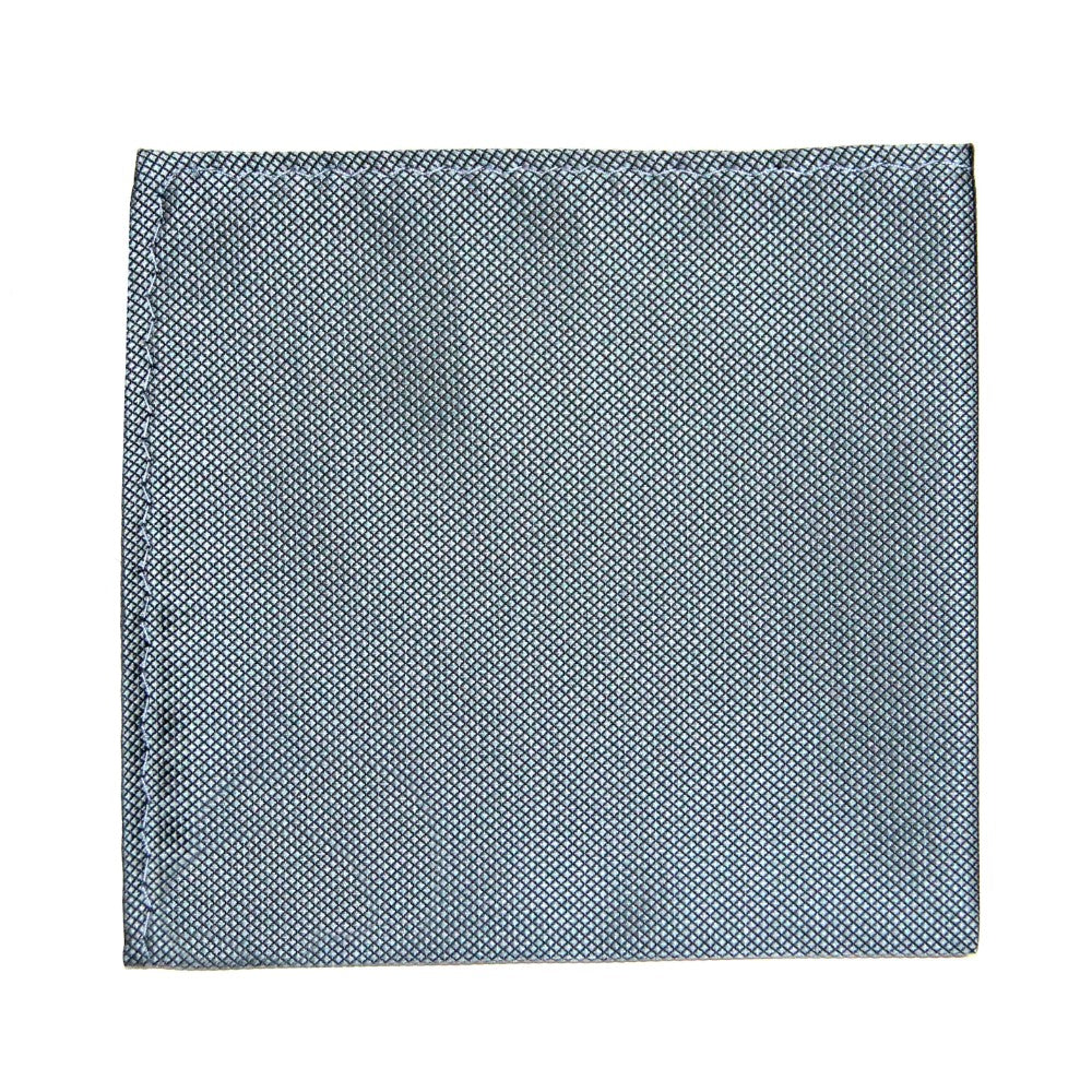 The Grey Pocket Square features a subtle textured pattern on a light blue hue with a white background, exuding modern elegance and serving as a timeless accessory for any wardrobe.