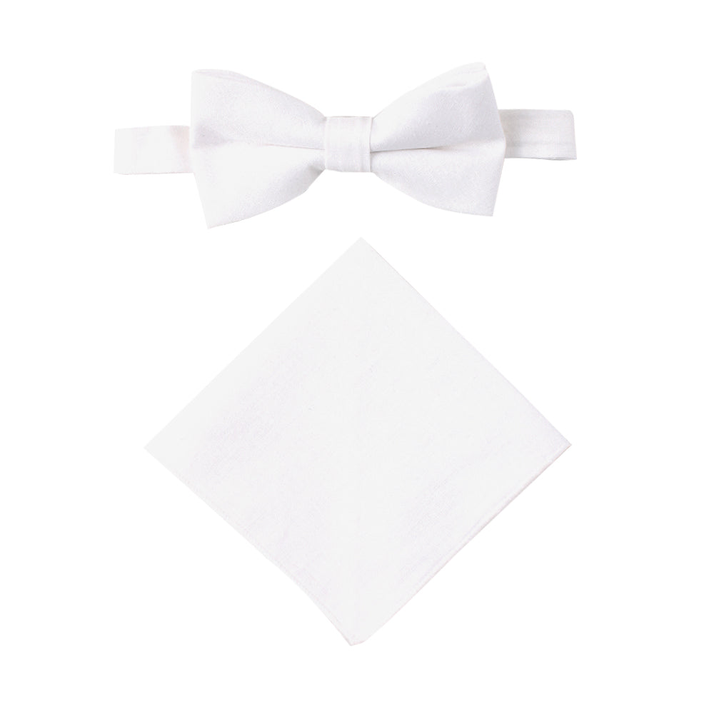 A Classic White Cotton Bow Tie & Pocket Square Set on a white background.
