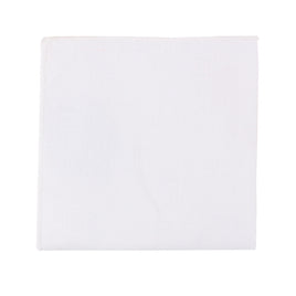A Classic White Cotton Pocket Square adds a touch of timeless elegance to a suit ensemble on a white background.