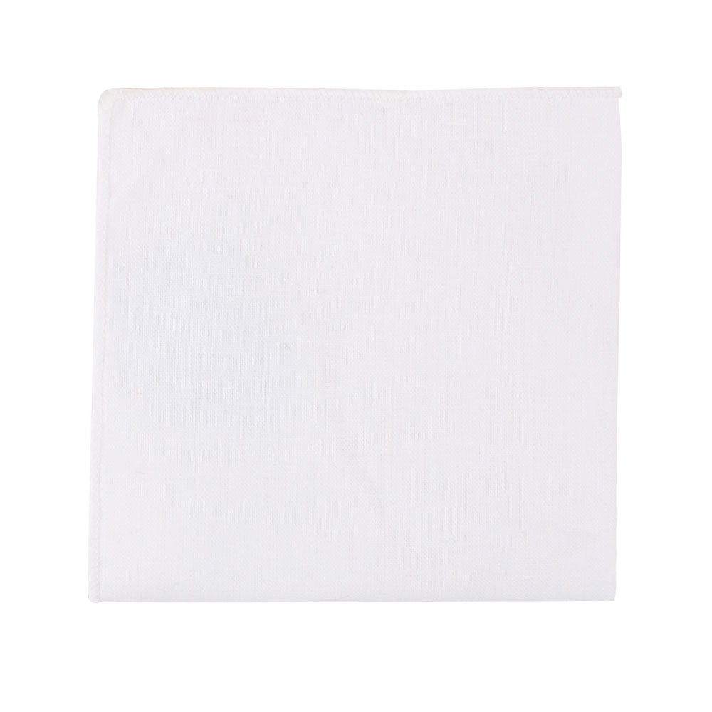 A Classic White Cotton Pocket Square adds a touch of timeless elegance to a suit ensemble on a white background.