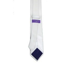 A Classic White Skinny Tie with a luxurious purple label on it.