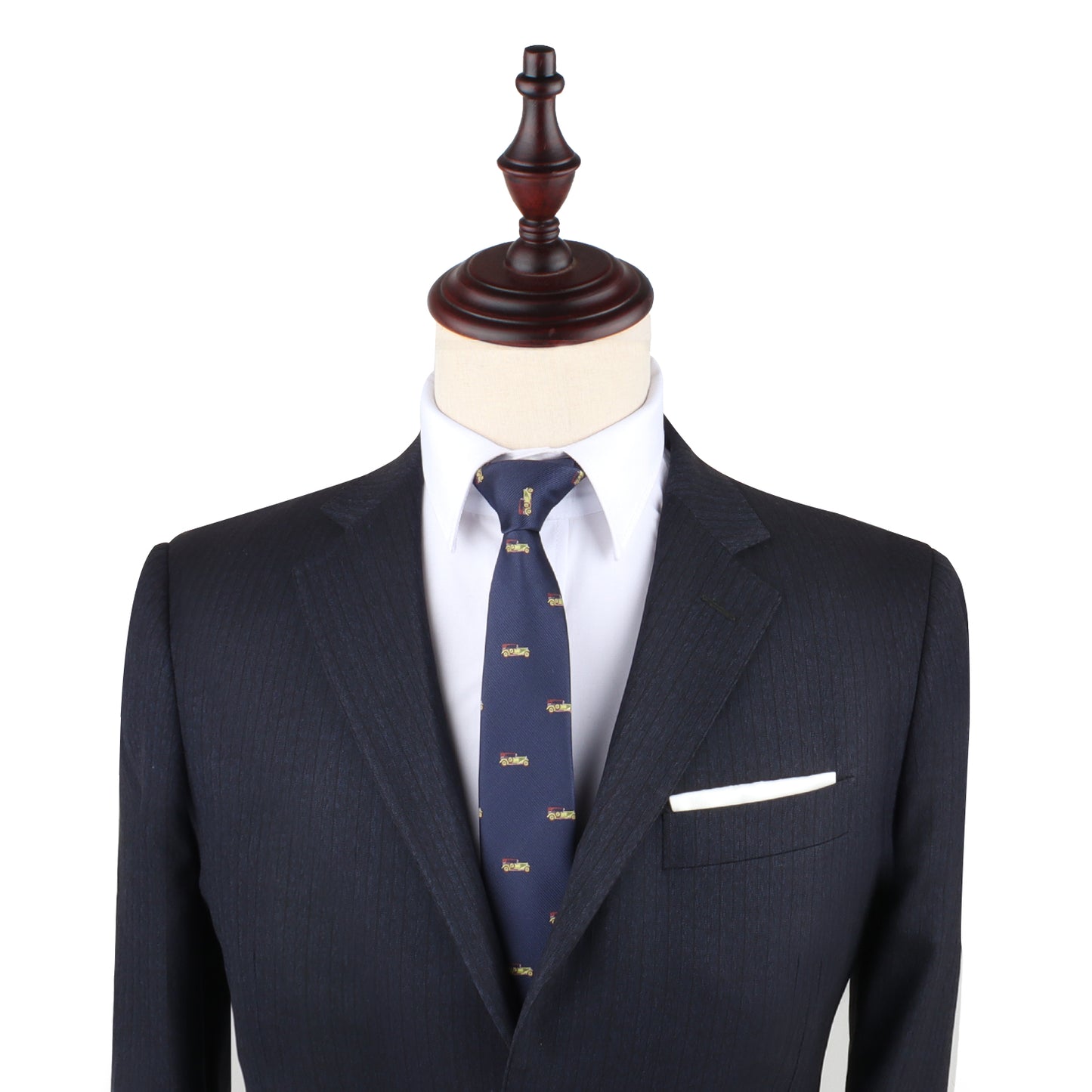 A vintage black suit with a Classic Car Slim Tie displayed on a mannequin dummy.