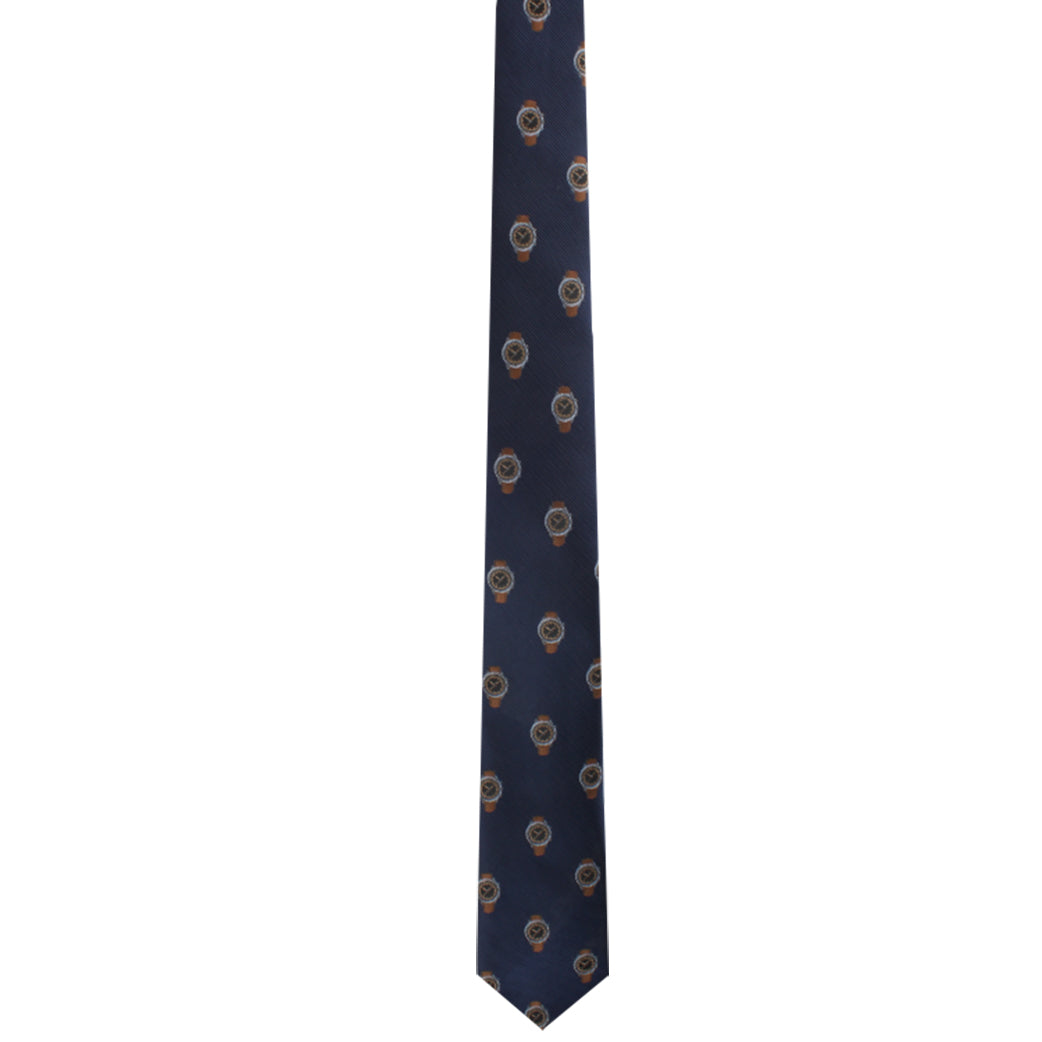 A navy blue Clock Skinny Tie featuring a pattern of small, circular, multicolored paisley designs that exude timeless elegance.