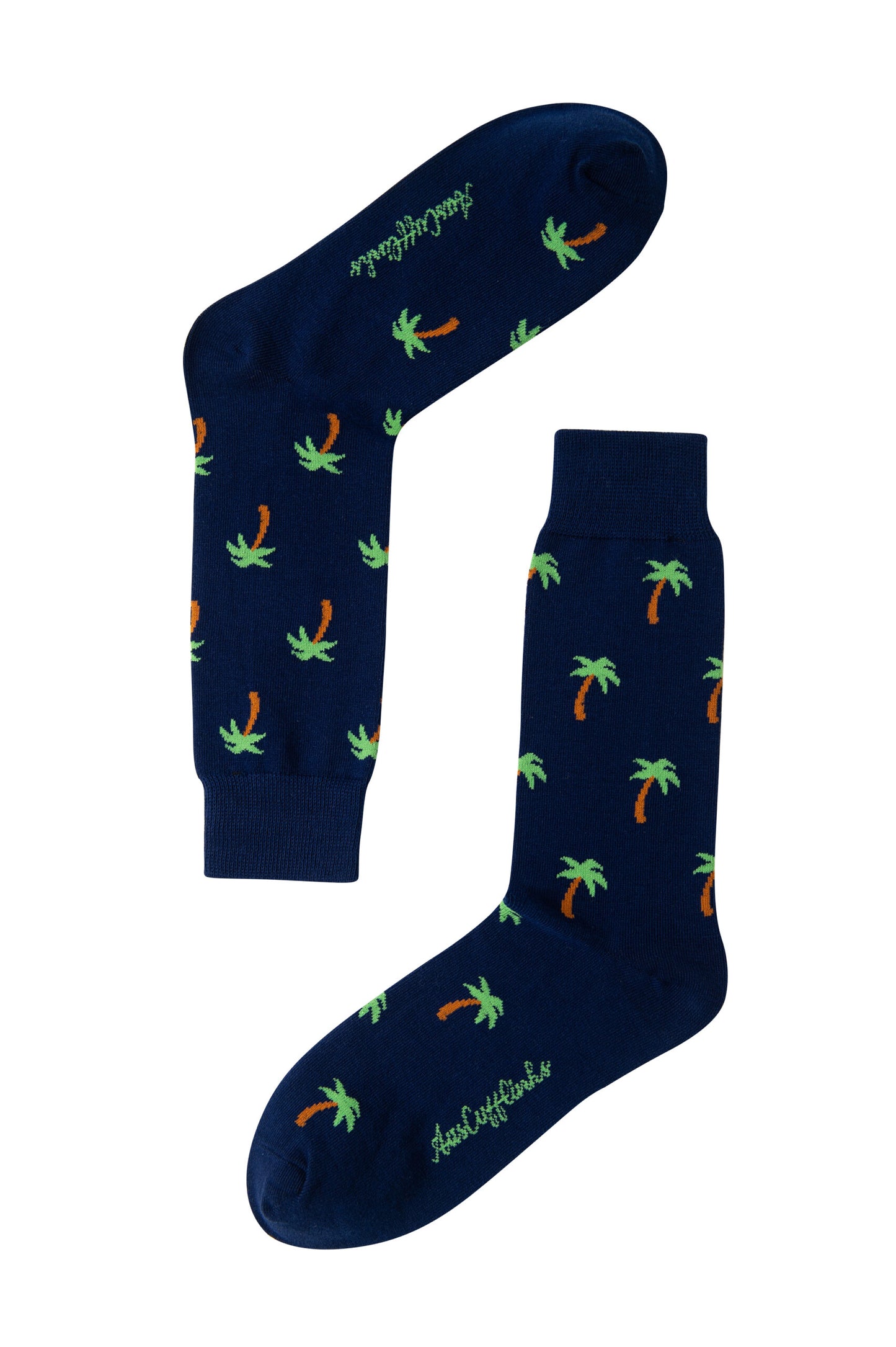 Palm Tree Socks in navy blue feature green and orange palm tree patterns. Laid flat on a white background, these socks are ideal for beach lovers looking to add tropical flair to any outfit.