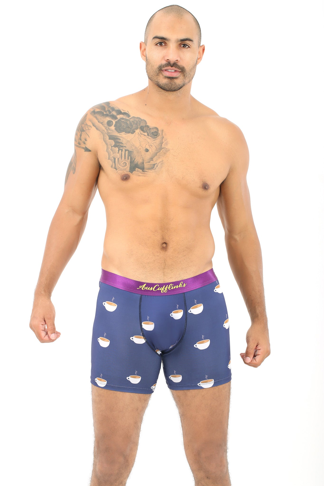A man experiencing maximum coziness in his Coffee Brief with a cupcake print.