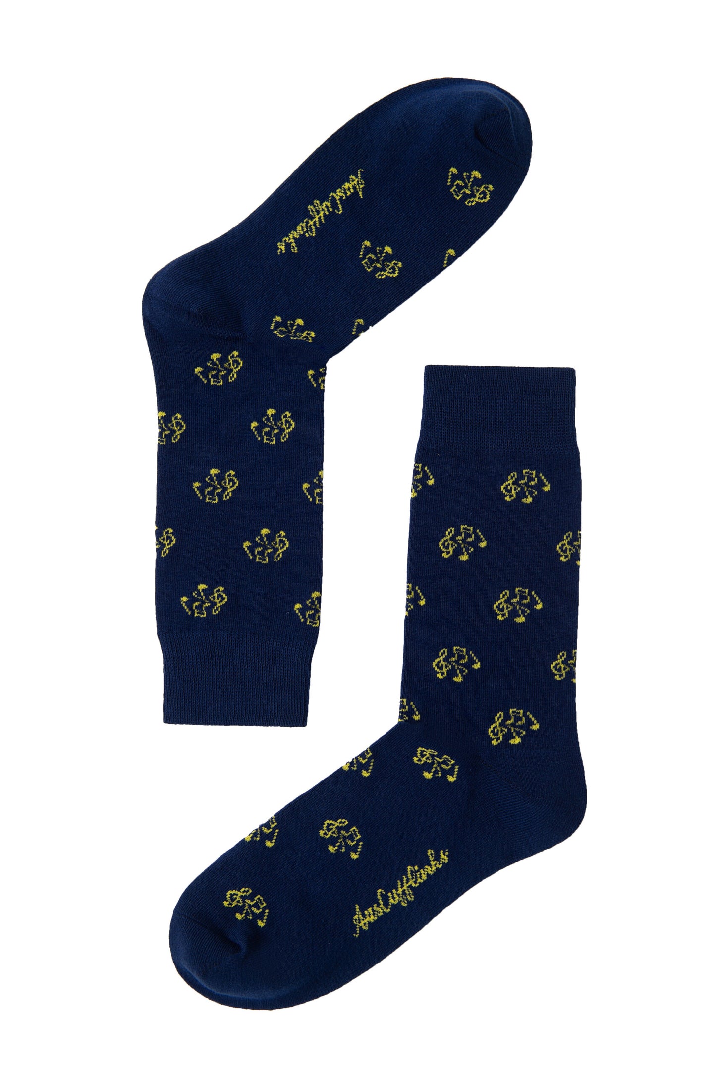 Musical Note Socks in navy blue with a yellow geometric pattern and yellow script text by the toe and cuff—an ideal gift for music lovers and musicians.