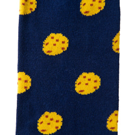 A vibrant pair of Cookie Socks adorned with yellow and blue pizzas, perfect for pizza lovers and sock enthusiasts.