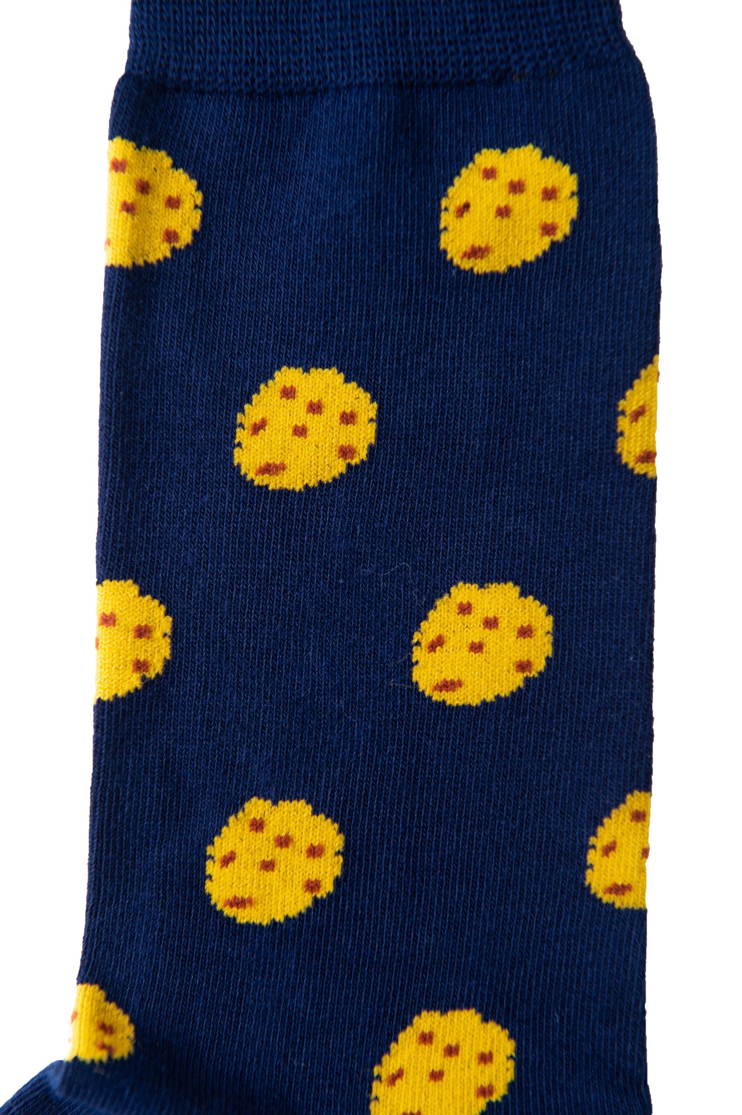 A vibrant pair of Cookie Socks adorned with yellow and blue pizzas, perfect for pizza lovers and sock enthusiasts.