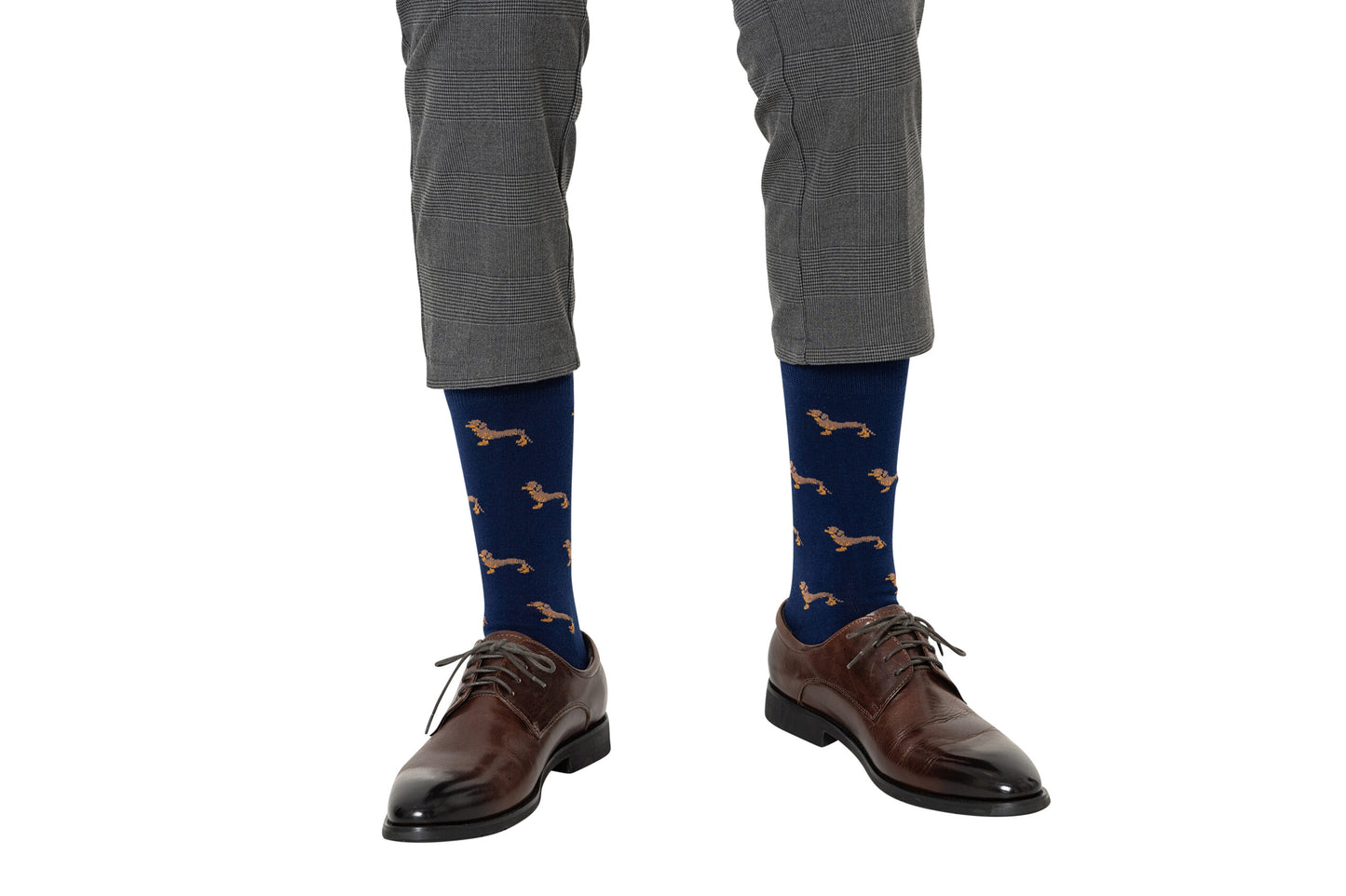 A person wears gray plaid pants, brown dress shoes, and blue Sausage Dog Socks featuring playful dachshund patterns, shown from the knees down.