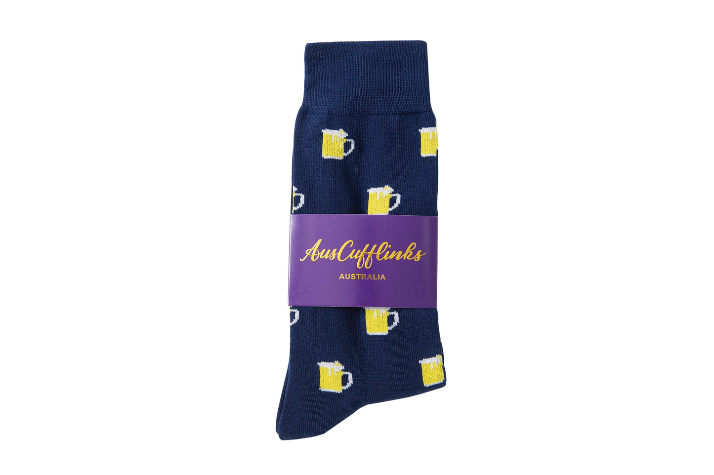 Beer Socks: Navy blue socks with a beer mug pattern, ideal for beer lovers. Packaged with a purple AusCufflinks Australia label.