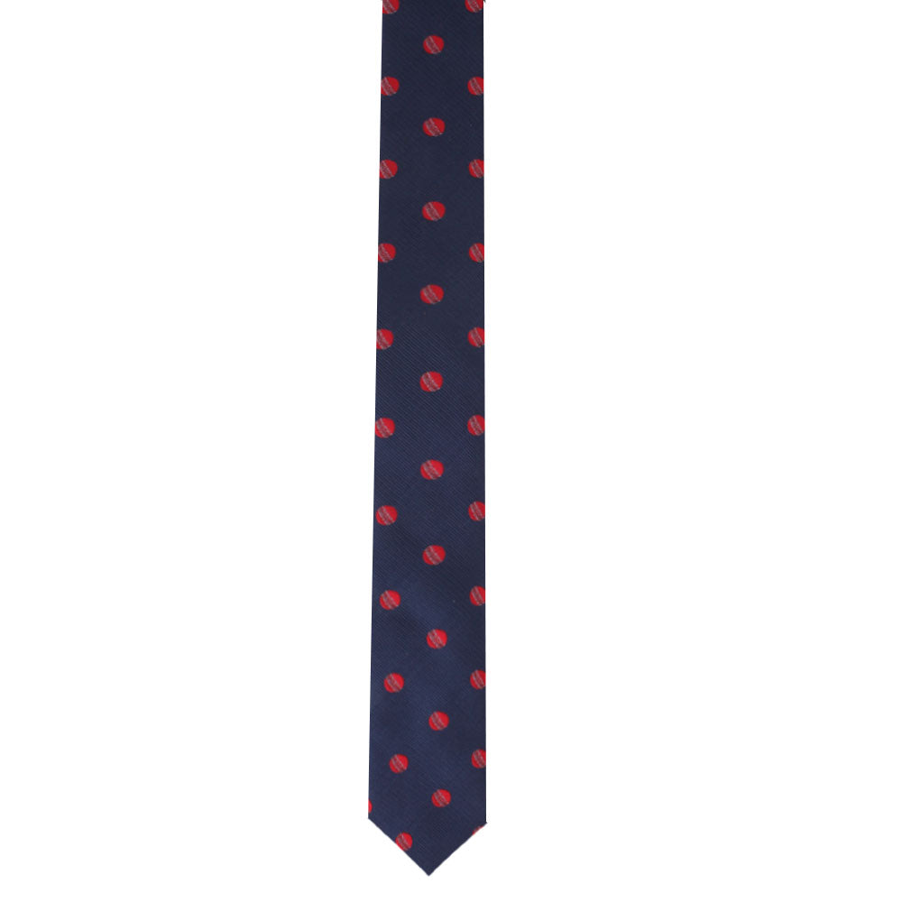 A Cricket Pattern Tie with red dots on a white background.