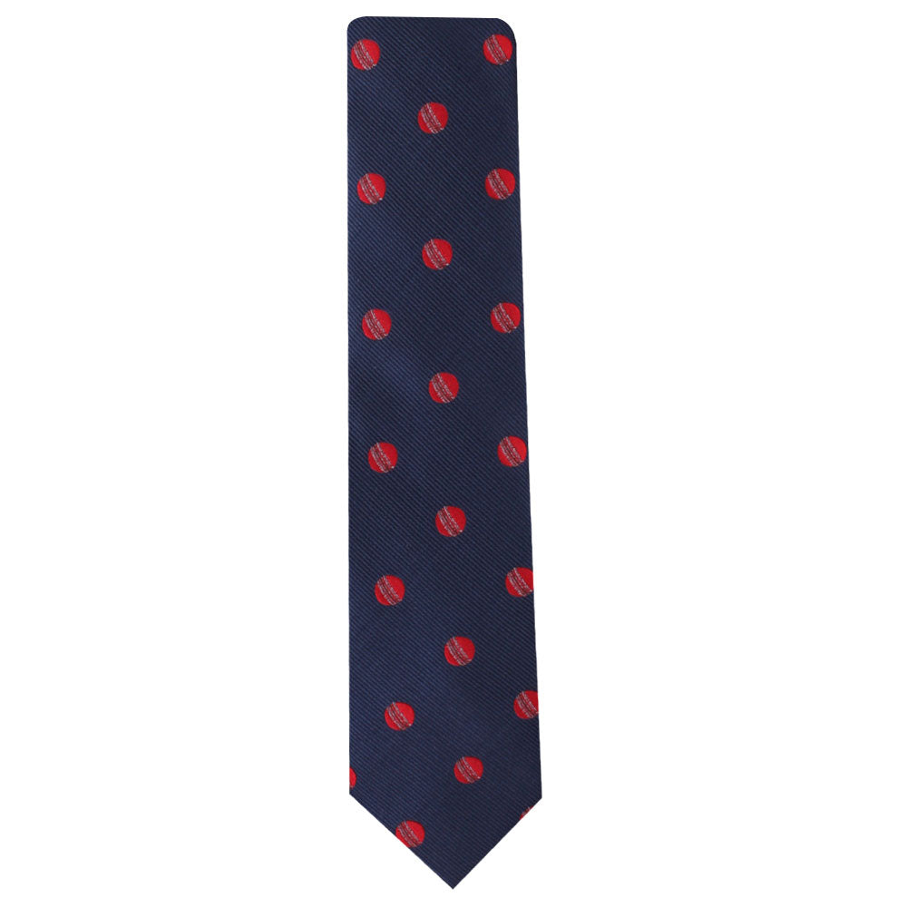 A Cricket Thin Tie with red dots, perfect for Cricket enthusiasts.