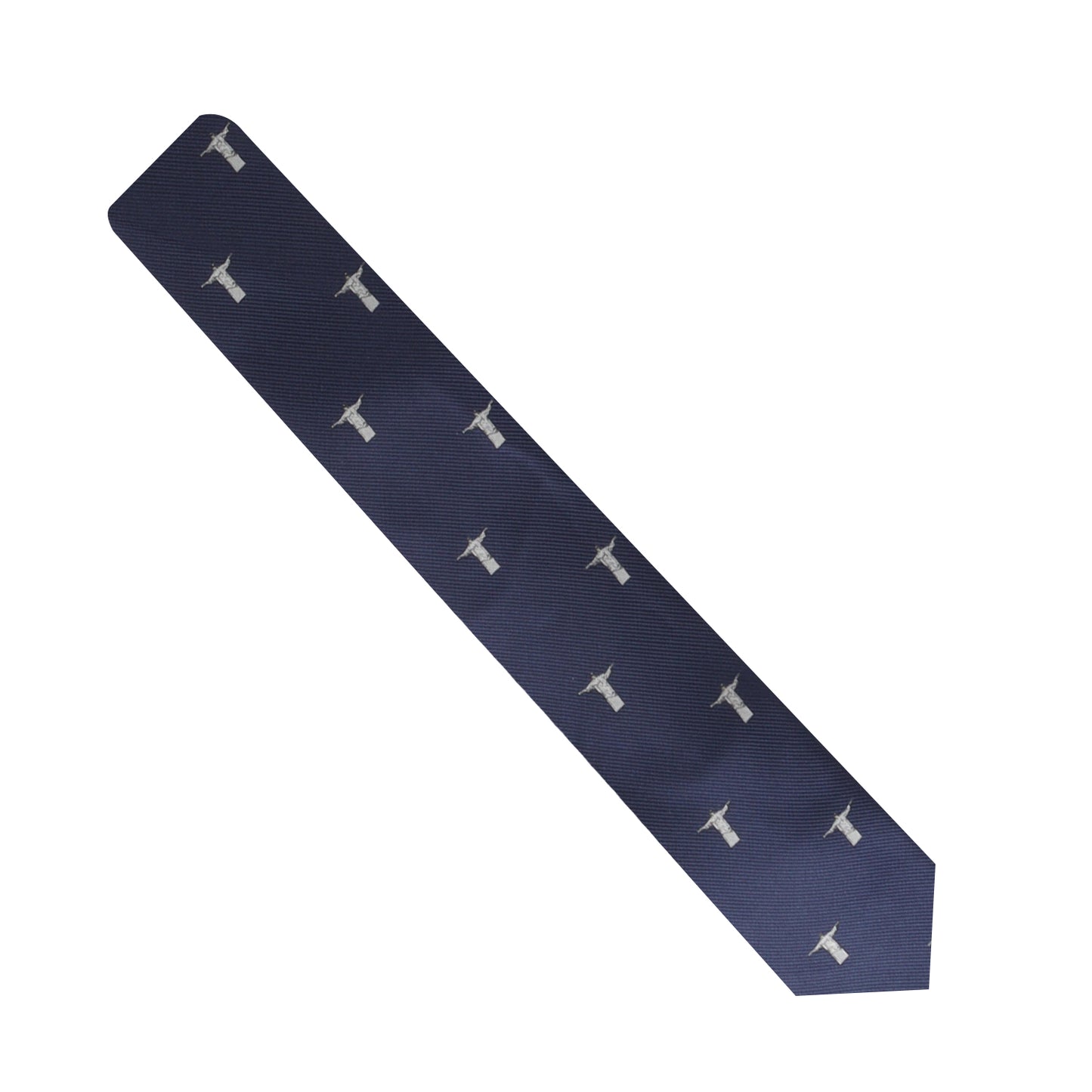 A stylish navy blue Crucifix Tie featuring a pattern of small white letter T's that captures timeless elegance.