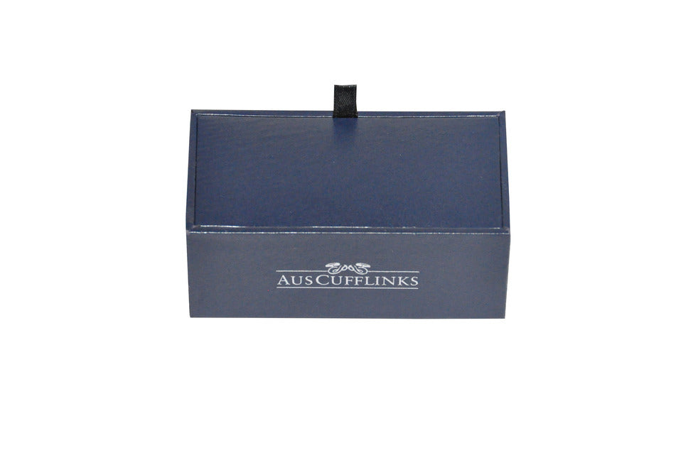 A Blue Ice Cufflinks box with a black handle on it.
