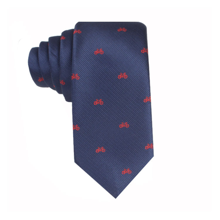 A blue tie with a cycling-themed pattern of red bicycles.
Product Name: Cyclist Thin Tie
