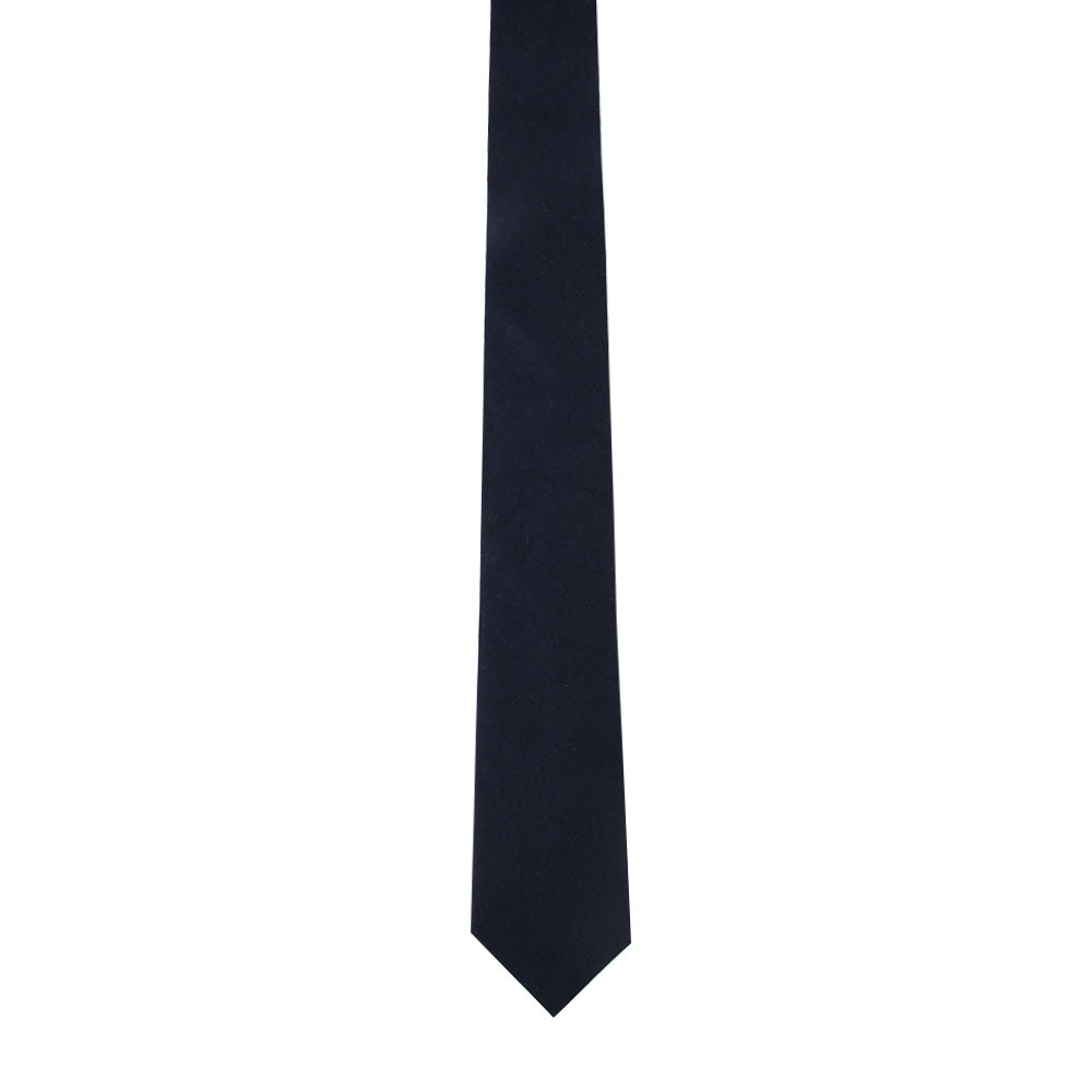 The Dark Forest Navy Cotton Skinny Tie & Pocket Square Set features a sleek navy cotton skinny tie with a pointed tip, displayed vertically on a white background—ideal for achieving a refined, coordinated look.