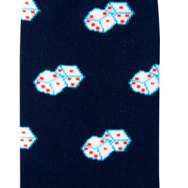 A pair of navy socks with Dice Socks on them.