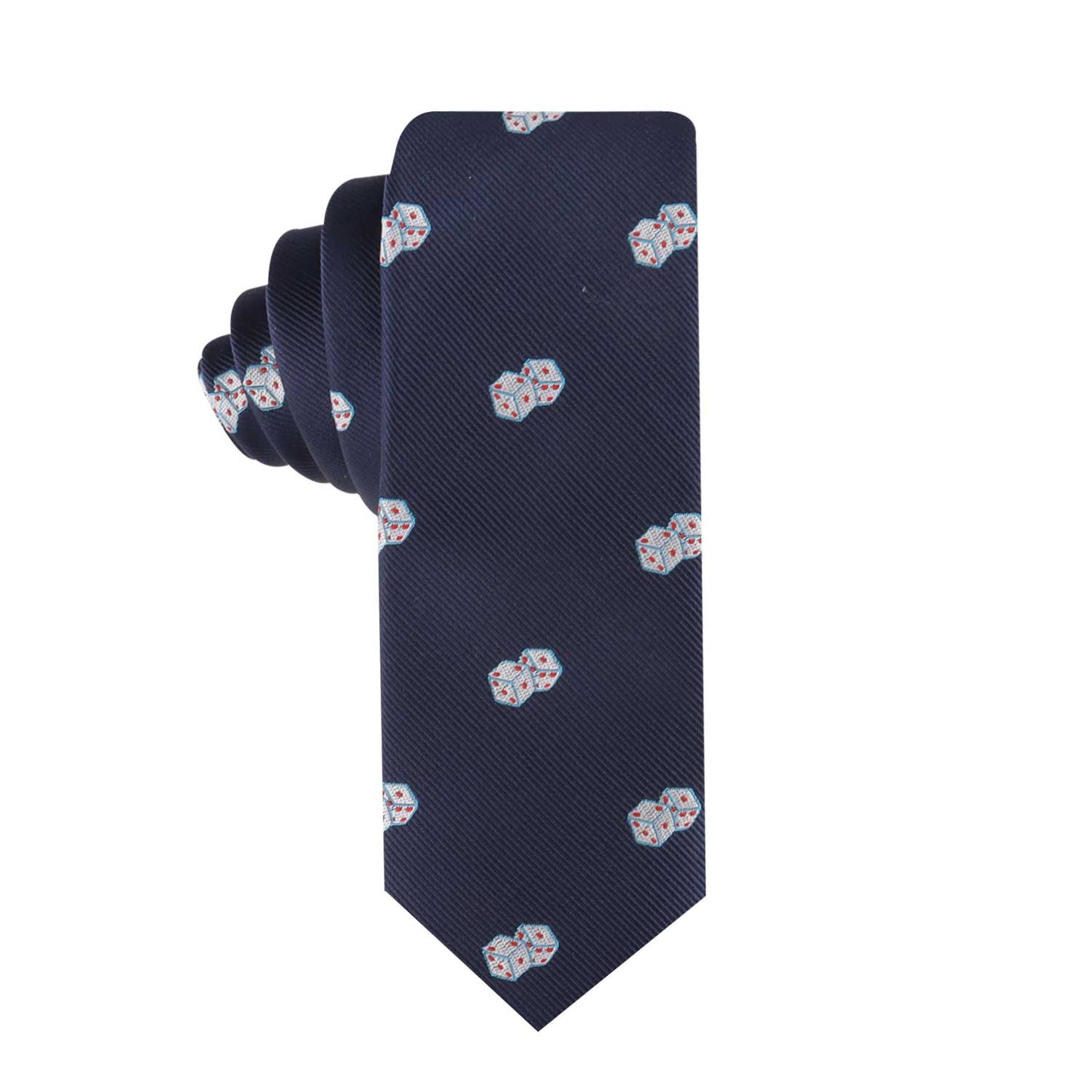 The Dice Pattern Necktie, featuring a pattern of small multi-colored dice on navy blue fabric, adds a touch of luck and style to any ensemble.