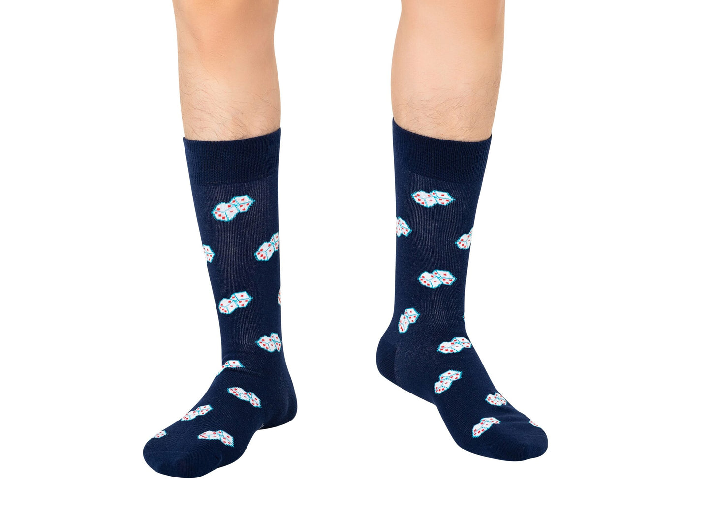 Ideal for game lovers, Dice Socks – Lucky Gift for Game Lovers feature a navy blue design with a repeating pattern of small white dice, displayed here on a white background. Perfect for board gamers and casino fans.